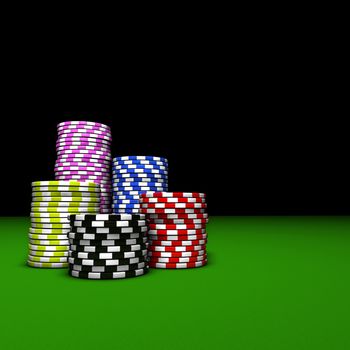 Gambling and casino entertainment concept and background with stacks of colorful poker chips on a green table 3d rendering.