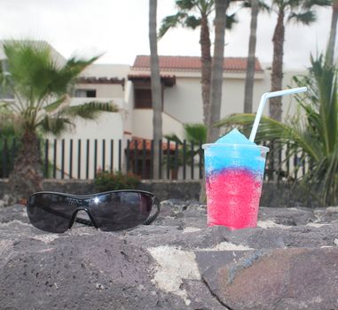 sorbet and solar glasses surrounded by palm trees