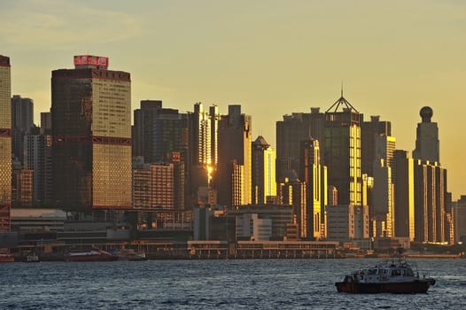 Skyline of Hong Kong at sunset.