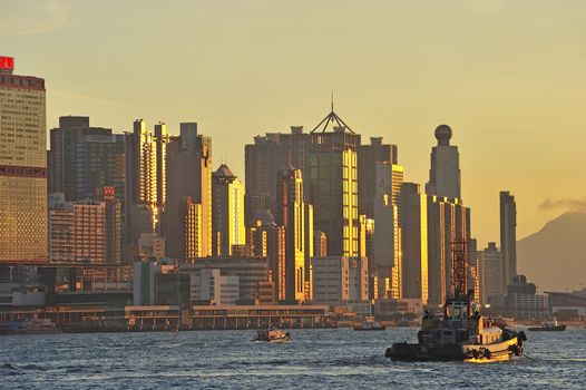 Skyline of Hong Kong at sunset.