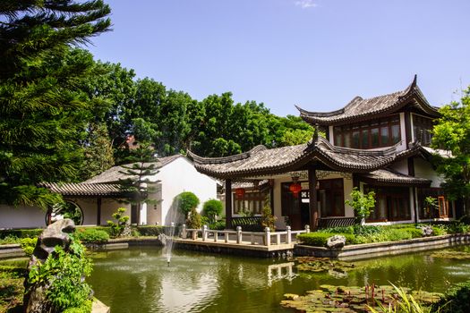 chinese style house with water garden