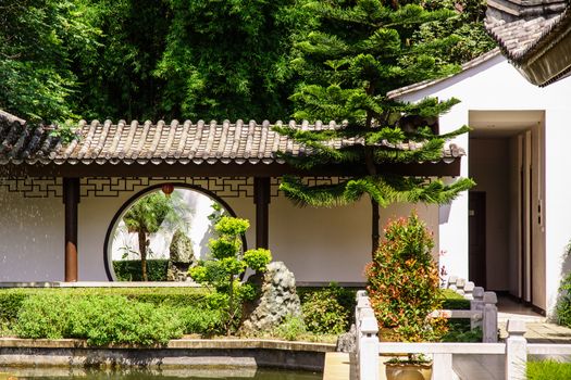 trypical style of chinese gate between garden and house
