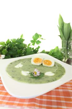 fresh herbs soup with eggs and a dollop of cream