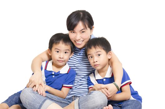 Family mom and two kids, white background