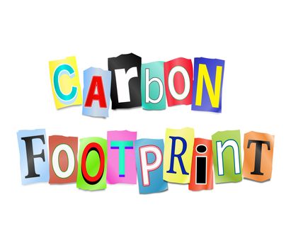 Illustration depicting a set of cut out printed letters arranged to form the words carbon footprint.