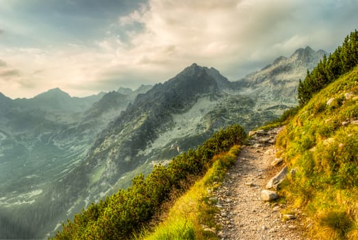 mountain landscape with a path at summer sunset