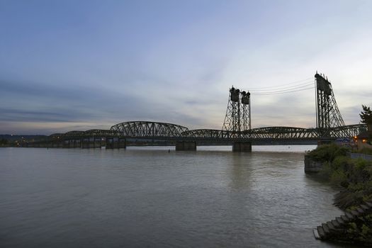 Interstate Bridge I-5 Over Columbia River Waterfront After Sunset at Dusk Between Oregon and Washington States