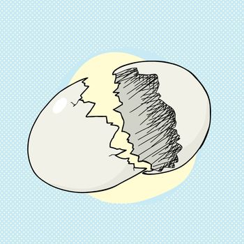 Cracked empty egg over blue halftone background