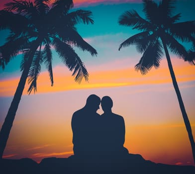 Retro FIltered Image Of A Romantic Couple At Sunset In Hawaii With Palm Trees