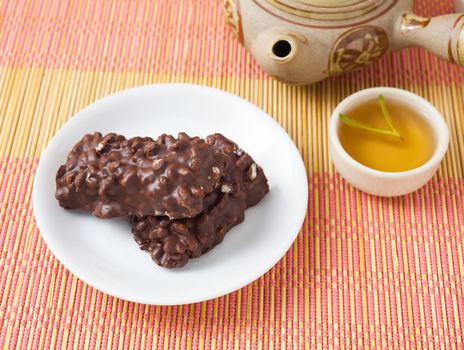 Chocolate wafer and hot tea 

