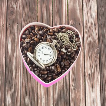 Heart shaped coffee in coffee beans, Valentines day