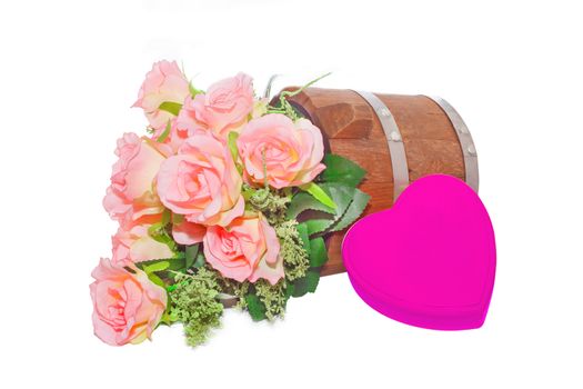 Summer flowers in wooden bucket and perple heart  on white background