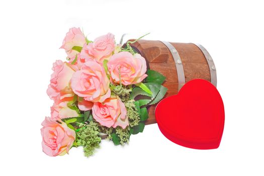 Summer flowers in wooden bucket and heart  on white background