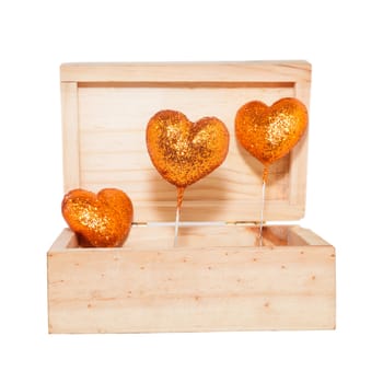 heart box, a wood box contains golden hearts shape decoration.