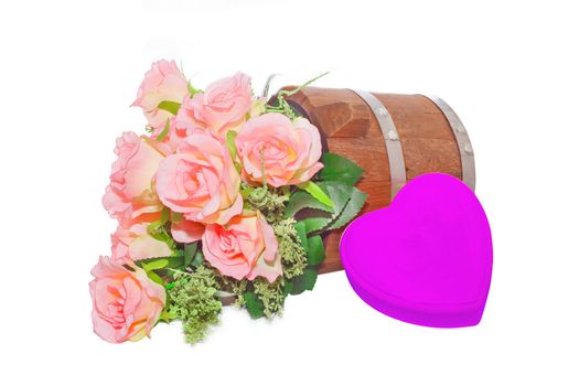 Summer flowers in wooden bucket and heart  on white background