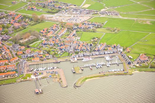 View at harbor of historic island of Marken, The Netherlands from above