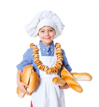 Little Cook With Bread and Bagels. Isolated on white background.