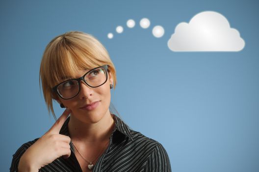 Businesswoman student or teacher with thought thinking cloud or computing