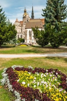 Cathedral of St. Elizabeth with garden, Kosice, Slovakia.  Gothic cathedral in Kosice. It is Slovakia's biggest church, as well as one of the easternmost Gothic cathedrals in Europe.