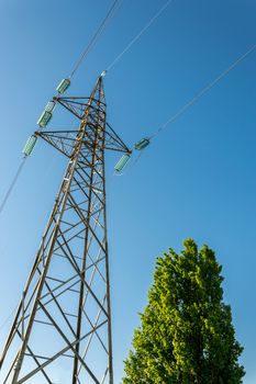 High-voltage electricity pylons, view from below