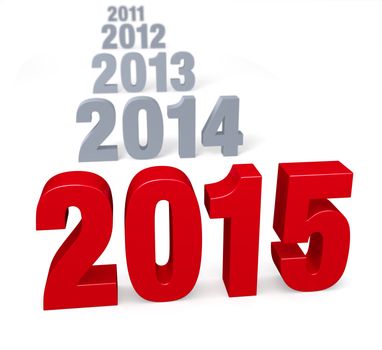 Preceding years in gray lead up to a large, shiny red "2015!"  Focus is on 2015. Isolated on white.  