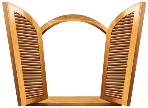 Brown wooden window (round arch) with open shutters and wooden balcony, isolated on white background