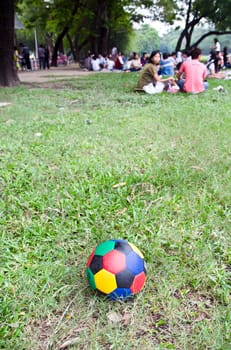 colorful football on green field