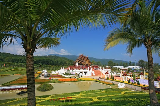 Traditional thai architecture in the Lanna style , Royal Pavilion (Ho Kum Luang) at Royal Flora Expo, Chiang Mai, Thailand