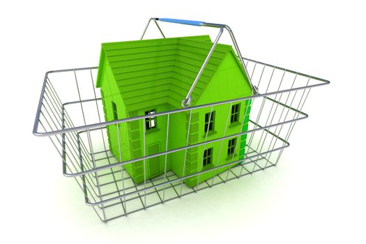 A Colourful 3d Rendered Buying a House Concept Illustration showing a green coloured house in a shopping basket