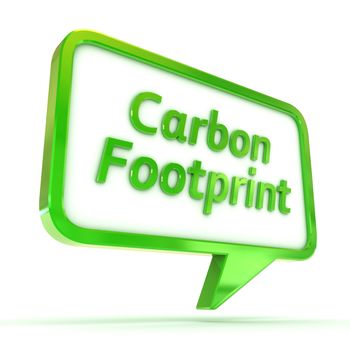 A Colourful 3d Rendered Concept Illustration showing "Carbon Footprint" writen in a Speech Bubble