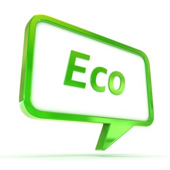 A Colourful 3d Rendered Concept Illustration showing "Eco" writen in a Speech Bubble