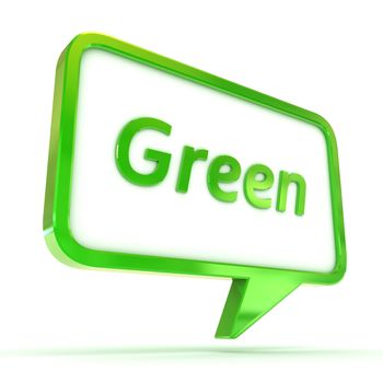 A Colourful 3d Rendered Concept Illustration showing "Green" writen in a Speech Bubble