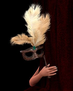 Beautiful young woman hand with curtain and carnival mask