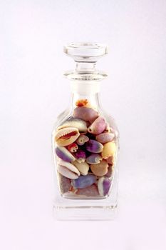 Single Capped Clear Glass Bottle filled completely with Colourfull Cowry Shells ,which were once used by Chinese as Money, photographed against light grey background.