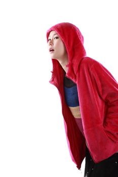 Young Asian women  in red hood, Isolated.