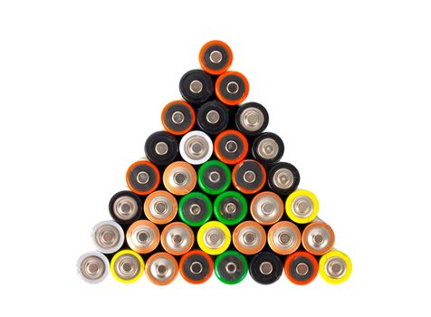 Many AA sized batteries on white