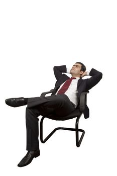 Business man relaxing on a chair looking up isolated on white background