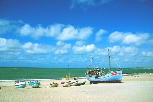 The landing place of fishing boats on the beach at the Danish North Sea coast.