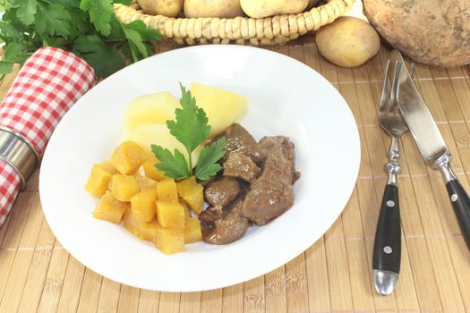 Venison goulash with turnip and cooked potatoes