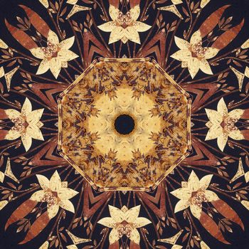 Abstract artistic pattern, seamless handmade floral ornament, applique from the back side of a birch bark on black fabric background