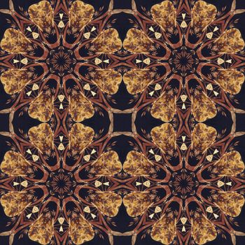 Abstract artistic pattern, seamless handmade floral ornament, applique from the back side of a birch bark on black fabric background
