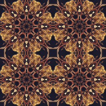 Abstract artistic pattern, seamless handmade floral ornament, applique from the back side of a birch bark on black fabric background