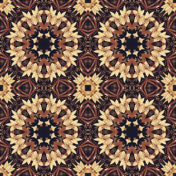 Abstract artistic pattern, seamless handmade floral ornament, applique from the back side of a birch bark on black fabric background