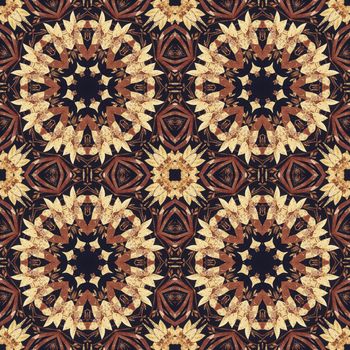 Abstract artistic pattern, seamless handmade floral ornament, applique from the back side of a birch bark on black fabric background