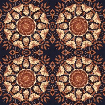 Abstract artistic pattern, seamless handmade floral ornament, applique from the back side of a birch bark on black fabric background