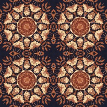 Abstract artistic pattern, seamless handmade floral ornament, applique from the back side of a birch bark on black fabric background