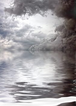 Abstract landscape of dark cloudy sky reflected in the water, gray tone