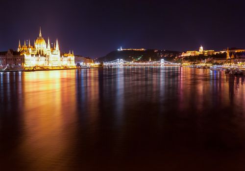 Hungarian Parliament Building as seen from Margit Hid at night, long exposured