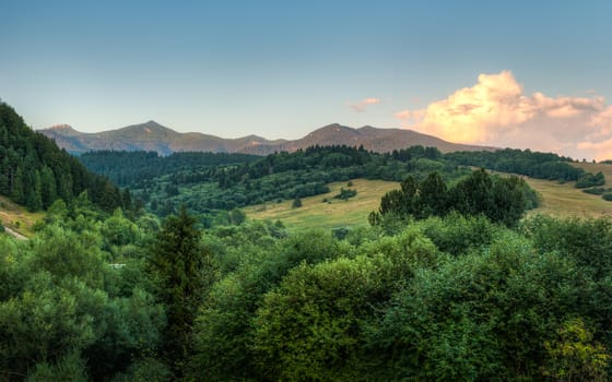 nature landscape with woods and mountains, view towards west tatra mountains (sivy peak, ostra, babky)