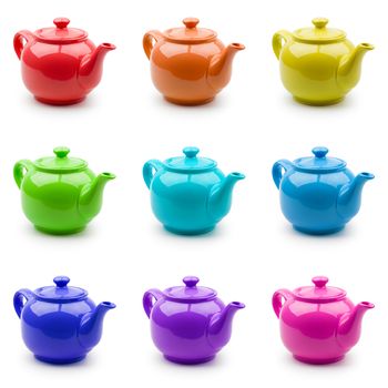 Set of nine colorful teapots for your design. Isolation on white